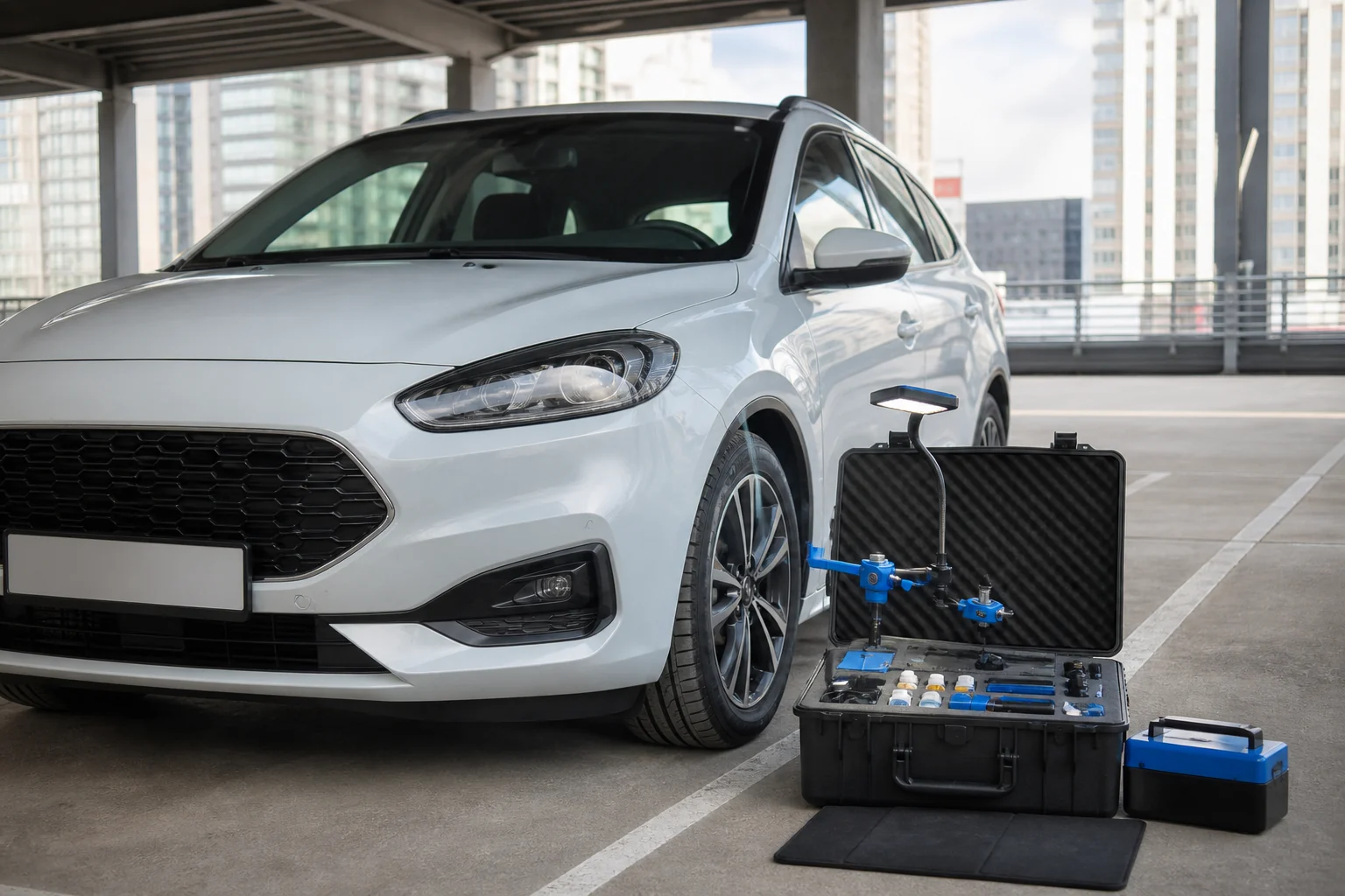 Выездной комплект для ремонта стекла рядом с автомобилем на крытой парковке